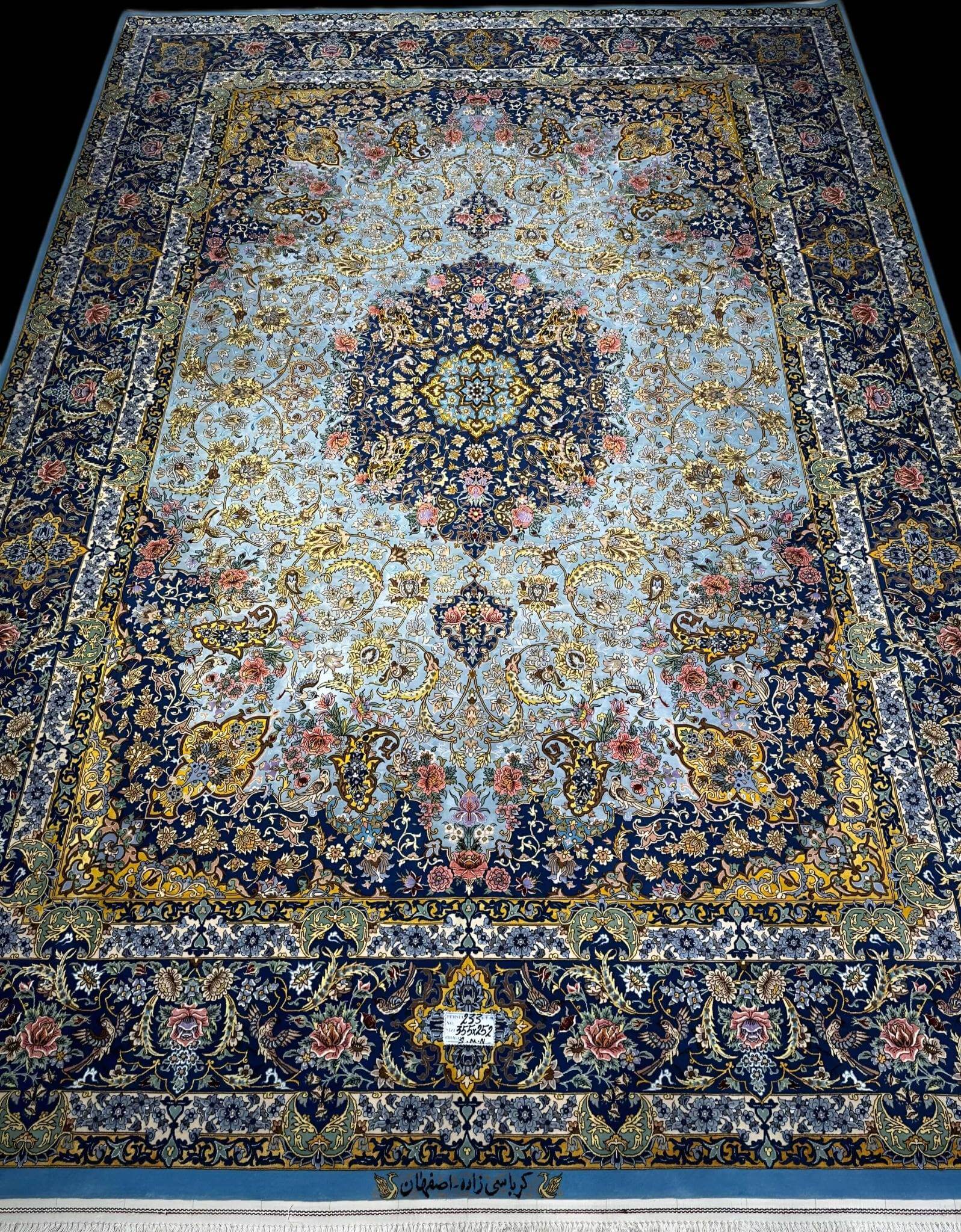 "Luxury Persian rug, 350 cm x 250 cm, made from silk and wool, handwoven in Isfahan, Iran."